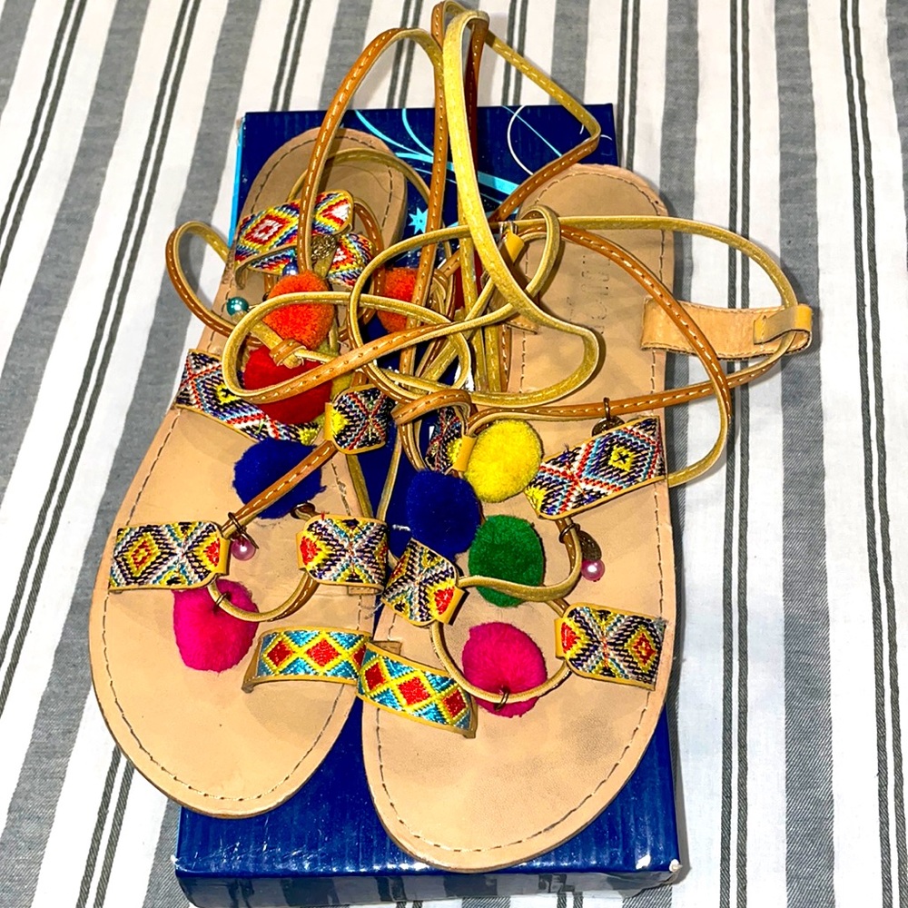 Embellished lace up multi color gladiator boho sandals size 9